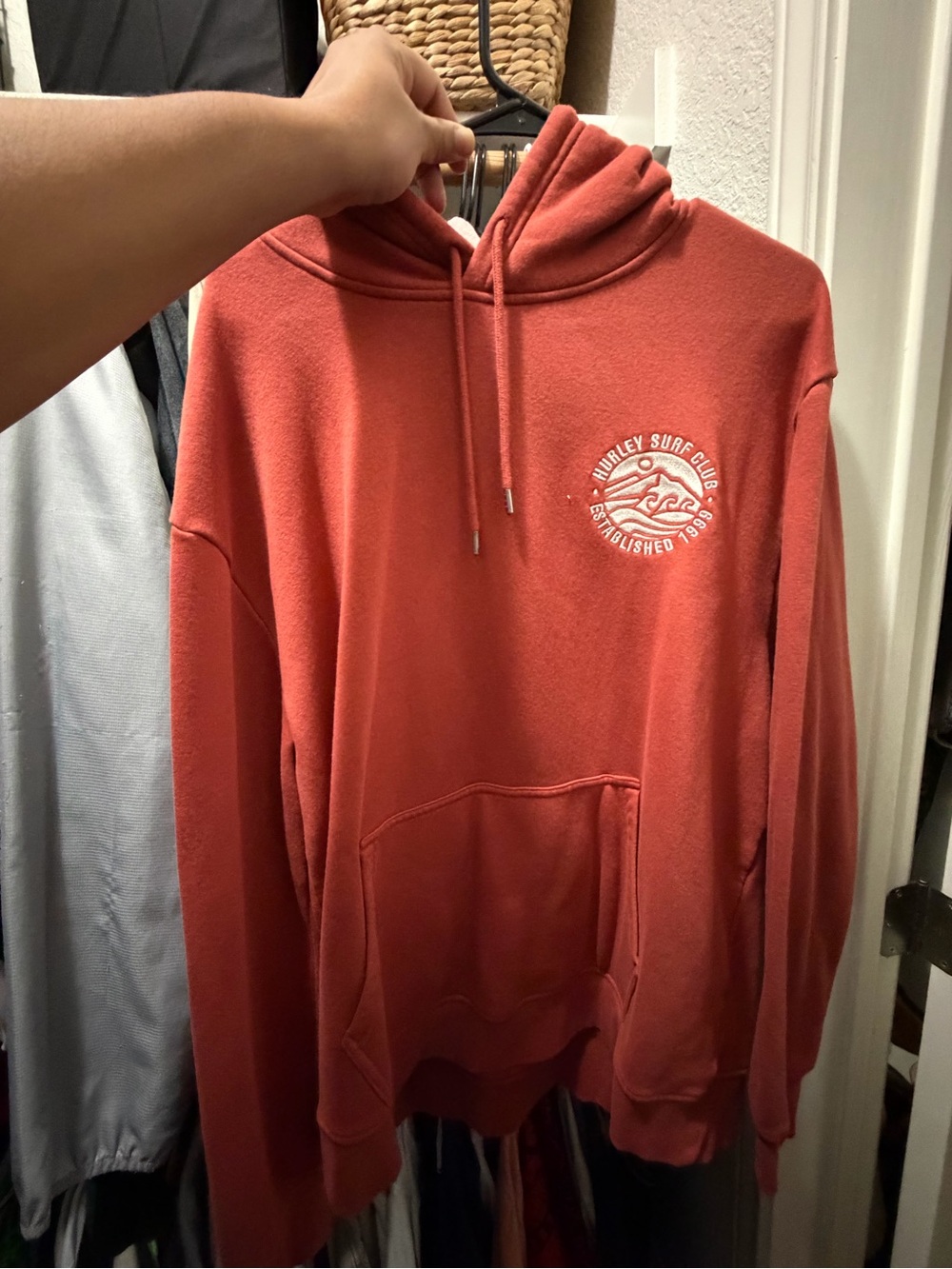 Hurley Coral Red Pullover Hoodie with Surf Club Logo